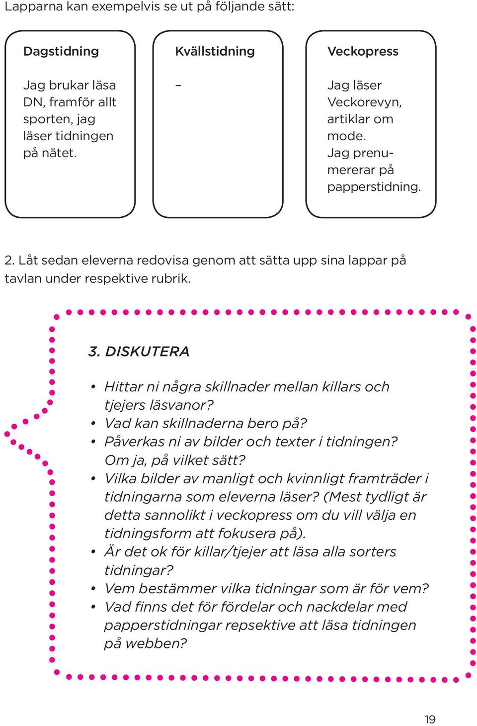 DISKUTERA Hittar ni några skillnader mellan killars och tjejers läsvanor? Vad kan skillnaderna bero på? Påverkas ni av bilder och texter i tidningen? Om ja, på vilket sätt?