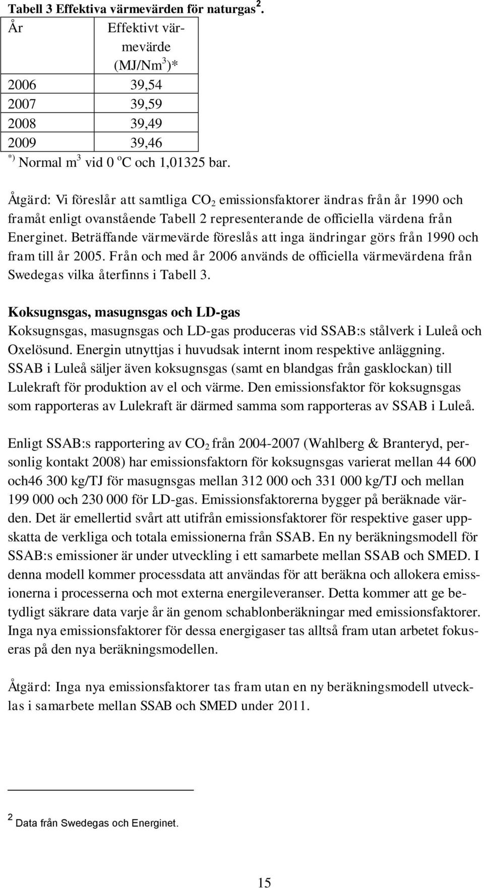 Beträffande värmevärde föreslås att inga ändringar görs från 1990 och fram till år 2005. Från och med år 2006 används de officiella värmevärdena från Swedegas vilka återfinns i Tabell 3.
