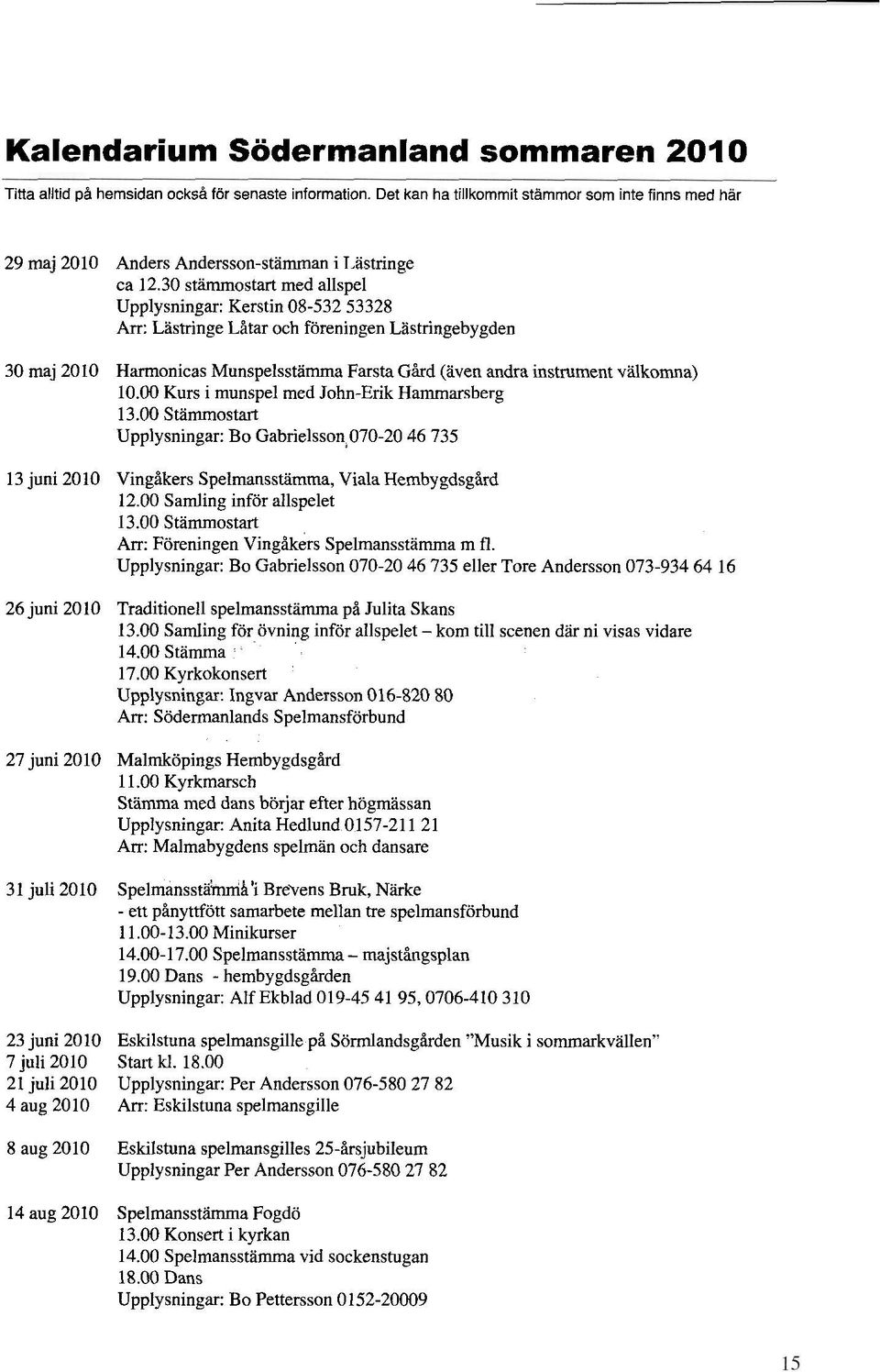 30 stämmostart med allspel Upplysningar: Kerstin 08-532 53328 Arr: Lastinge Låtar och föreningen Lastringebygden 30 maj 2010 Harmonicas Munspelsstämma Farsta Gård (aven andra insttument välkomna) 10.