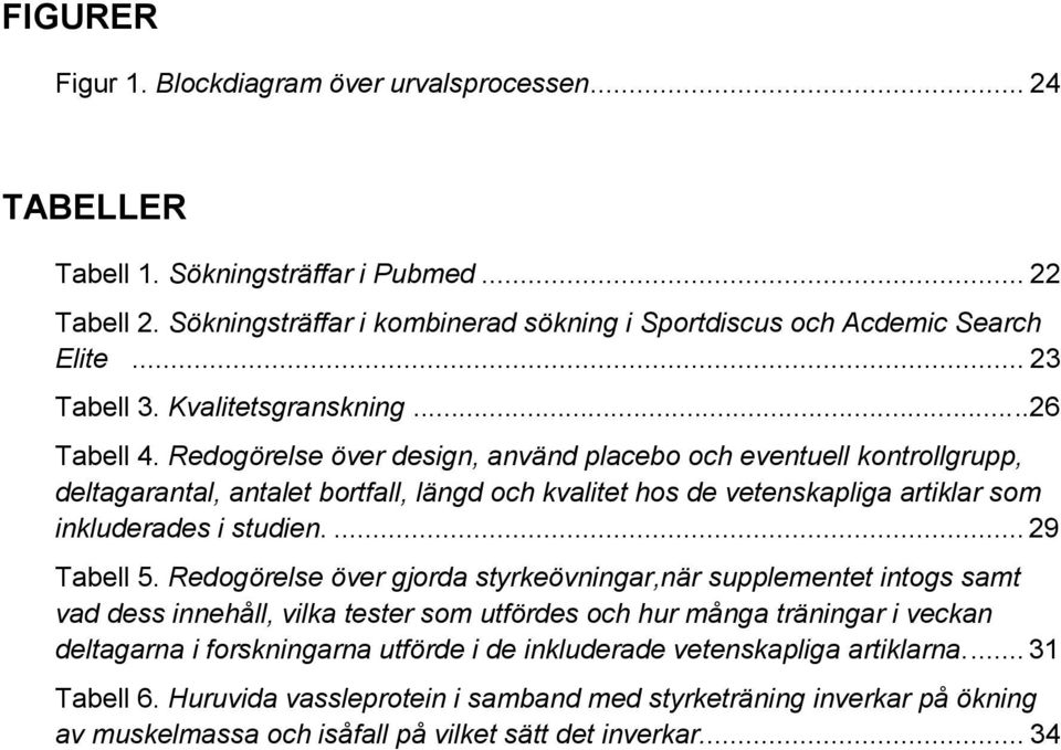 Redogörelse över design, använd placebo och eventuell kontrollgrupp, deltagarantal, antalet bortfall, längd och kvalitet hos de vetenskapliga artiklar som inkluderades i studien.... 29 Tabell 5.