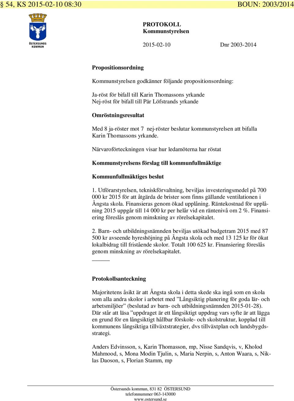 Närvaroförteckningen visar hur ledamöterna har röstat s förslag till kommunfullmäktige Kommunfullmäktiges beslut 1.