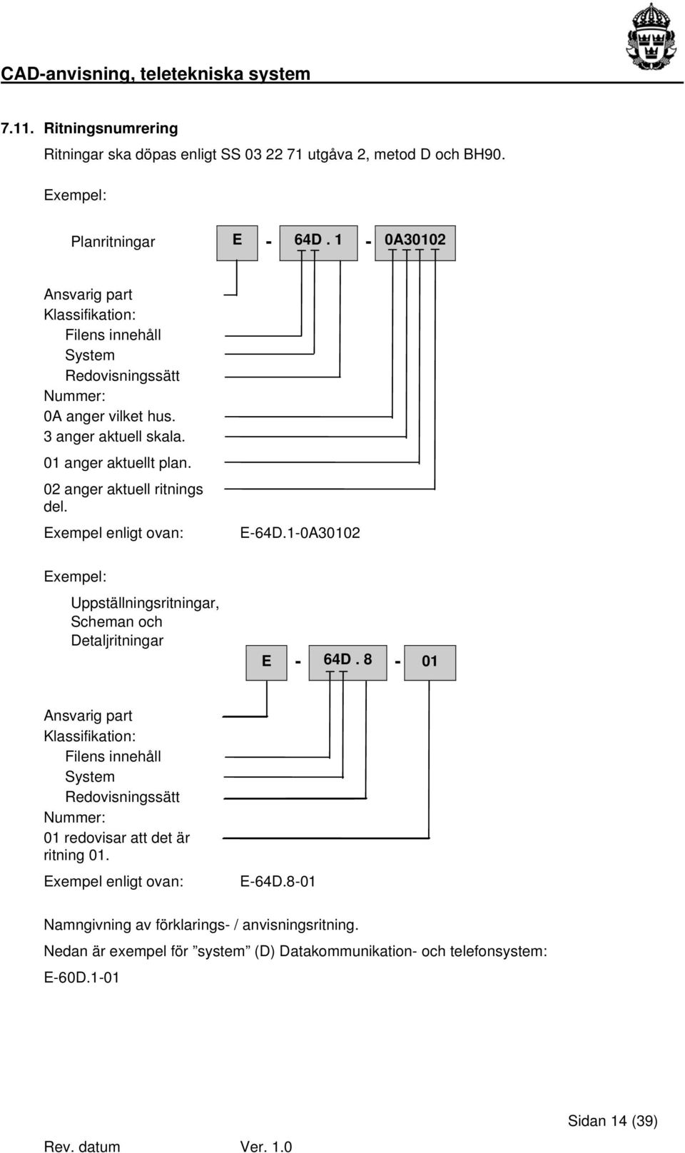 02 anger aktuell ritnings del. Exempel enligt ovan: E-64D.1-0A30102 Exempel: Uppställningsritningar, Scheman och Detaljritningar E - 64D.