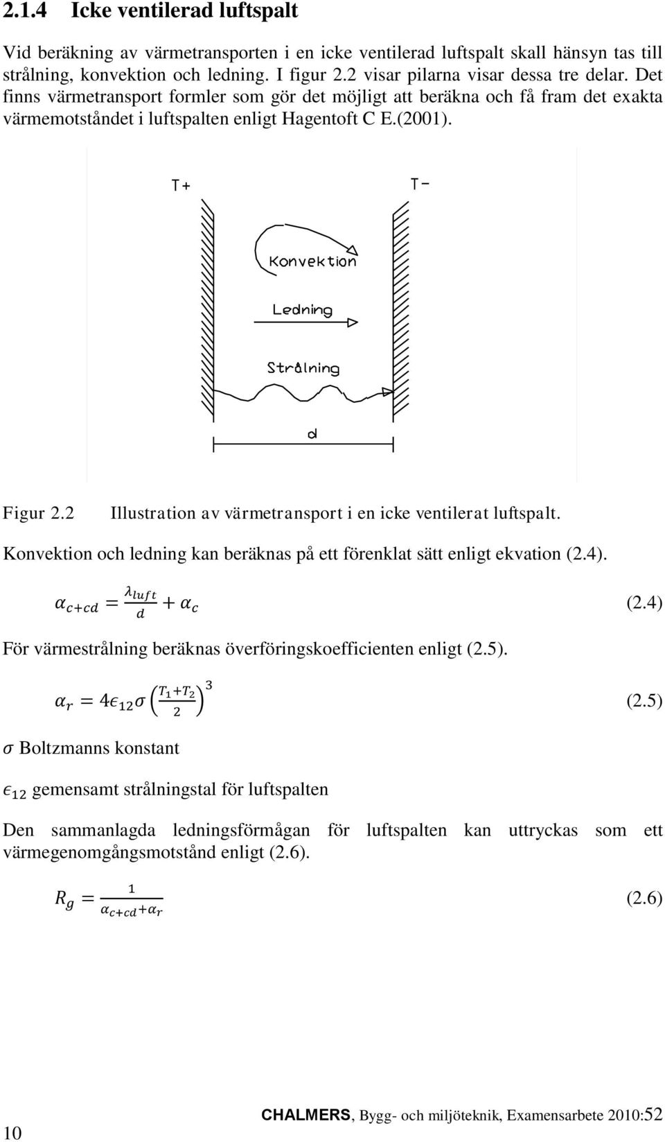 2 Illustration av värmetransport i en icke ventilerat luftspalt. Konvektion och ledning kan beräknas på ett förenklat sätt enligt ekvation (2.