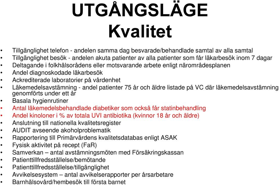 och äldre listade på VC där läkemedelsavstämning genomförts under ett år Basala hygienrutiner Antal läkemedelsbehandlade diabetiker som också får statinbehandling Andel kinoloner i % av totala UVI