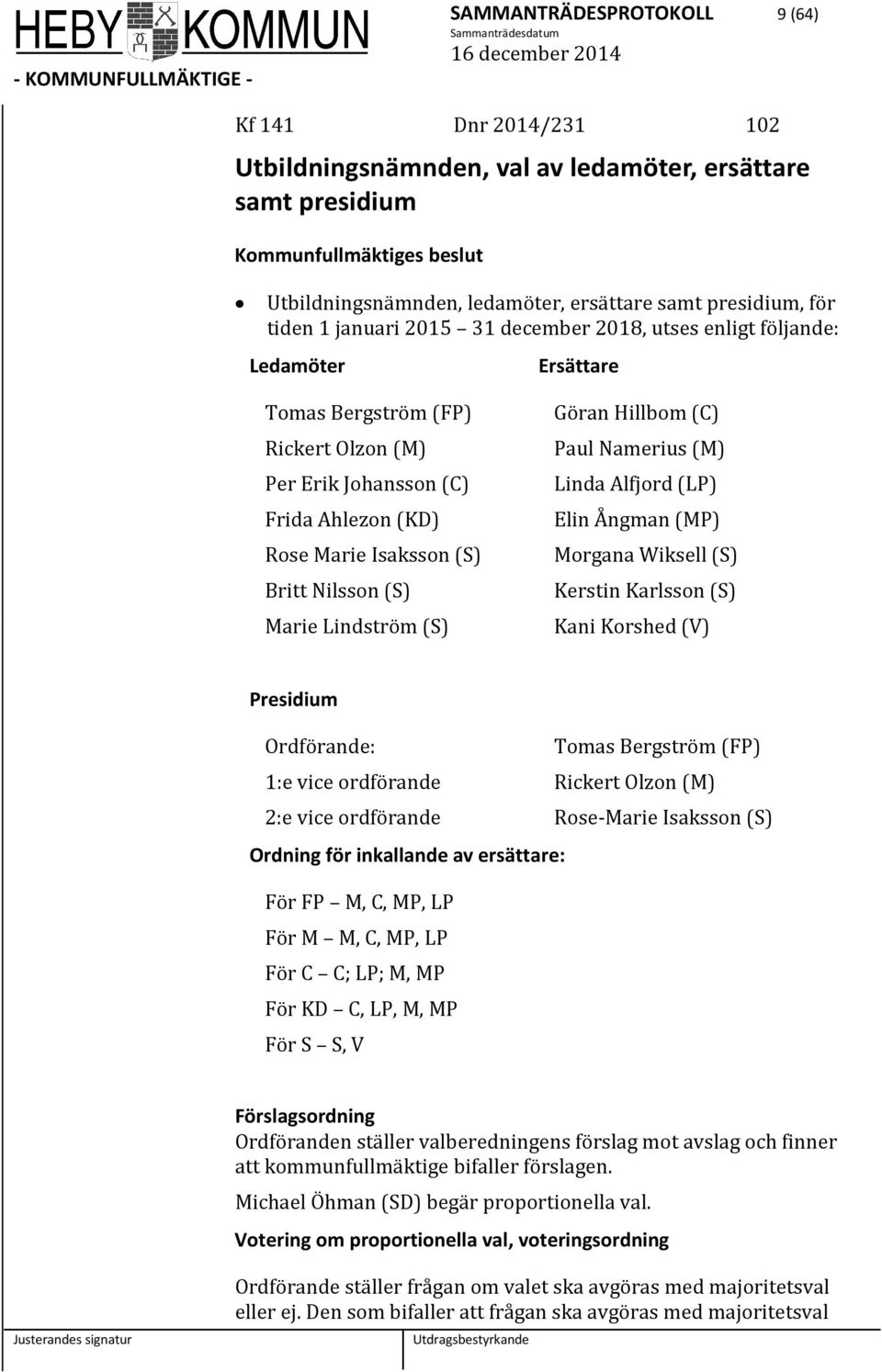 (S) Göran Hillbom (C) Paul Namerius (M) Linda Alfjord (LP) Elin Ångman (MP) Morgana Wiksell (S) Kerstin Karlsson (S) Kani Korshed (V) Presidium Ordförande: Tomas Bergström (FP) 1:e vice ordförande