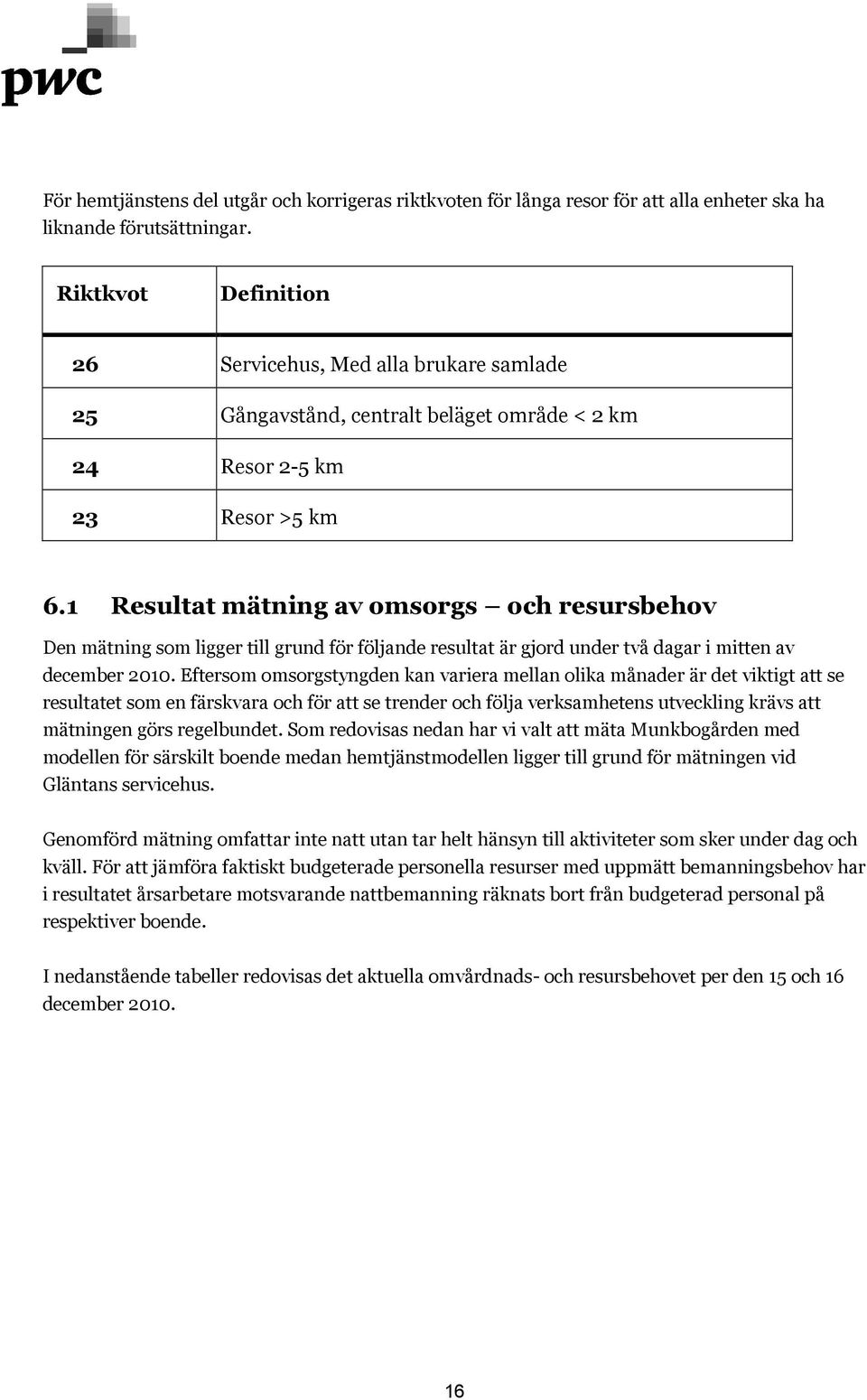 1 Resultat mätning av omsorgs och resursbehov Den mätning som ligger till grund för följande resultat är gjord under två dagar i mitten av december 2010.