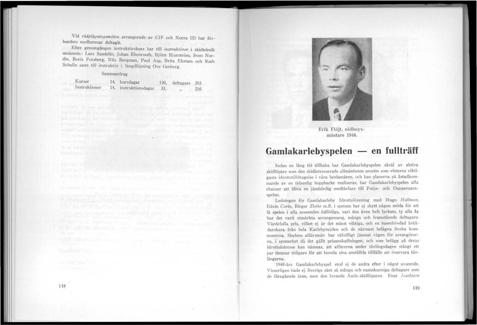 Kurser nstruktioner Sammandrag 14, kursdagar 130, deltagare 293 14, instruktionsdagar 33, 216 Erik Flöjt, oldboysmästare 1948.