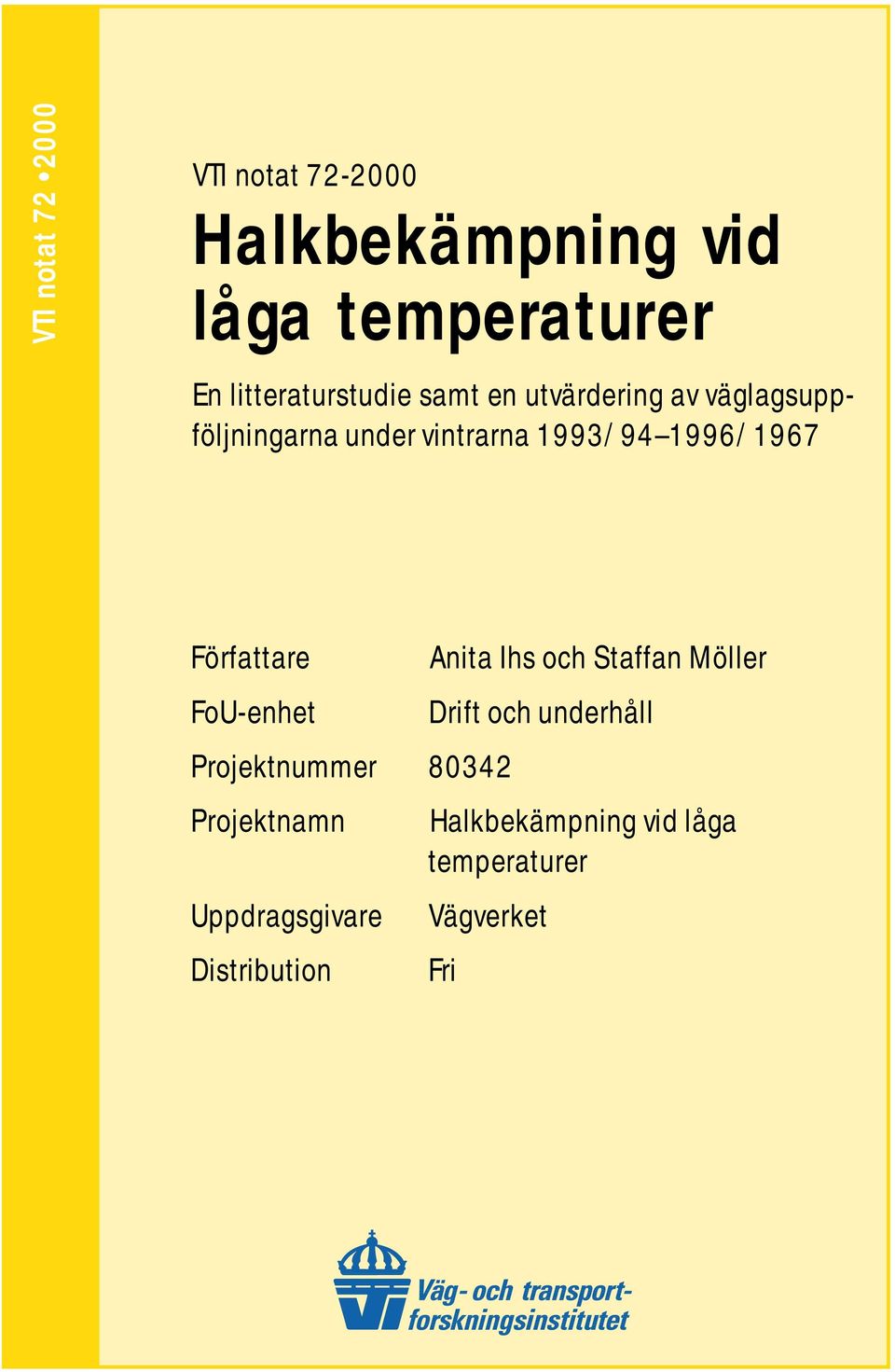 1996/1967 Författare FoU-enhet Projektnummer 80342 Projektnamn Uppdragsgivare