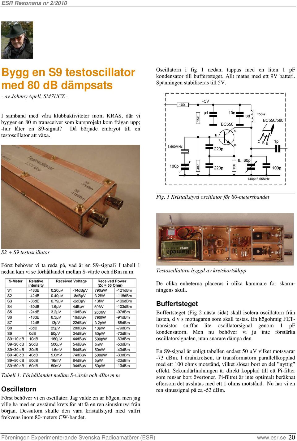 Då började embryot till en testoscillator att växa. Fig. 1 Kristallstyrd oscillator för 80-metersbandet S2 + S9 testoscillator Först behöver vi ta reda på, vad är en S9-signal?