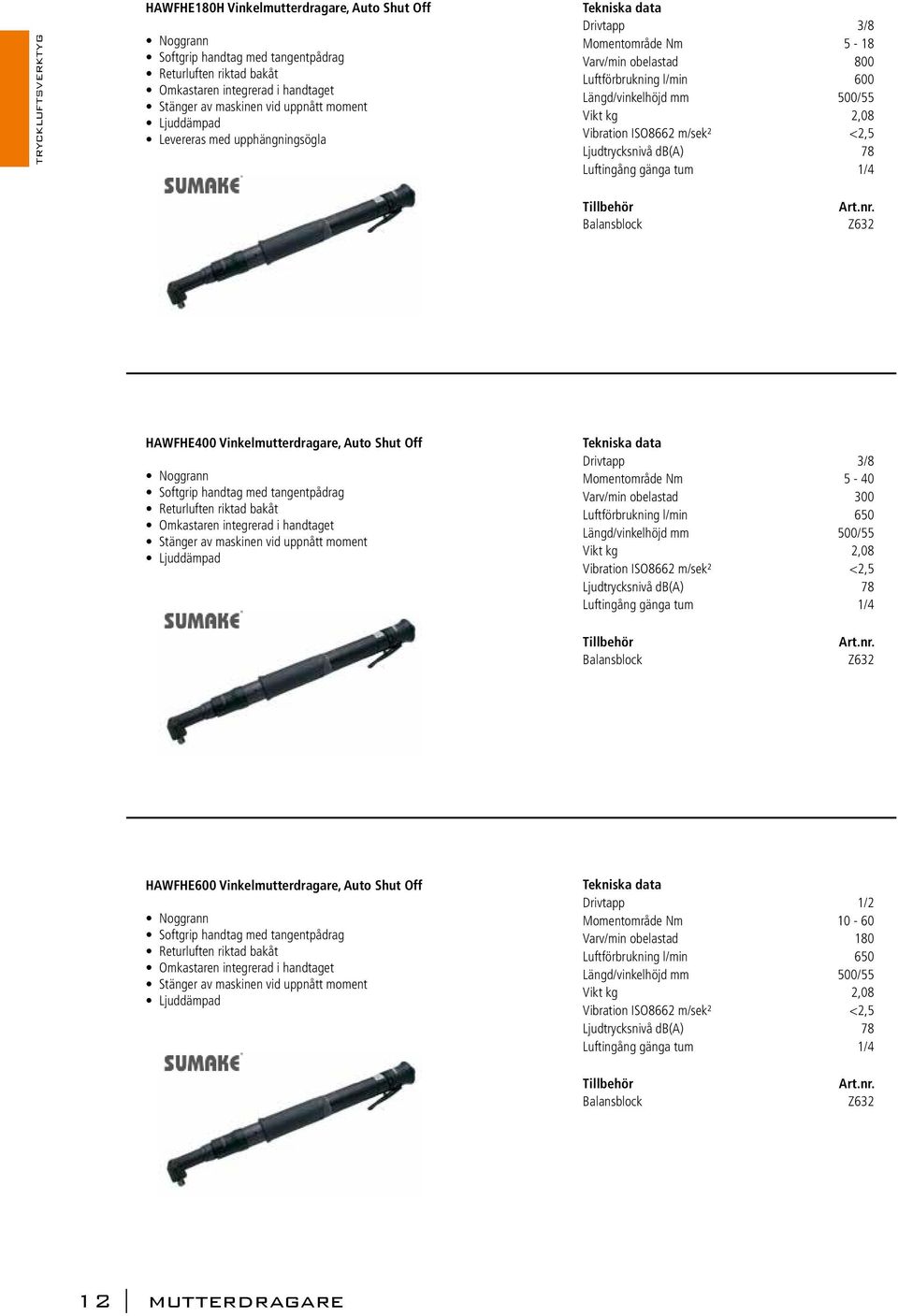 <2,5 Ljudtrycksnivå db(a) 78 Balansblock Z632 HAWFHE400 Vinkelmutterdragare, Auto Shut Off Noggrann Softgrip handtag med tangentpådrag Returluften riktad bakåt Omkastaren integrerad i handtaget