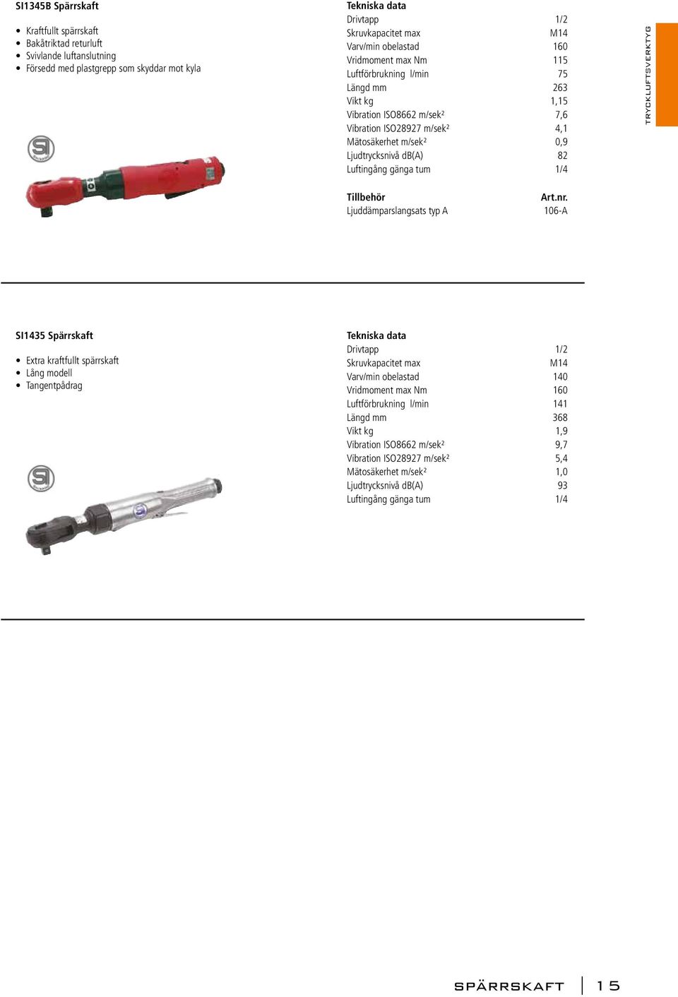 TRYCKLUFTSVERKTYG Ljuddämparslangsats typ A 106-A SI1435 Spärrskaft Extra kraftfullt spärrskaft Lång modell Tangentpådrag Drivtapp 1/2 Skruvkapacitet max M14 Varv/min obelastad 140