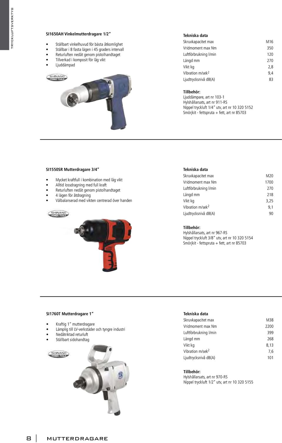 103-1 Hylshållarsats, art nr 911-RS Smörjkit - fettspruta + fett, art nr 85703 SI1550SR Mutterdragare 3/4 Mycket kraftfull i kombination med låg vikt Alltid lossdragning med full kraft Returluften