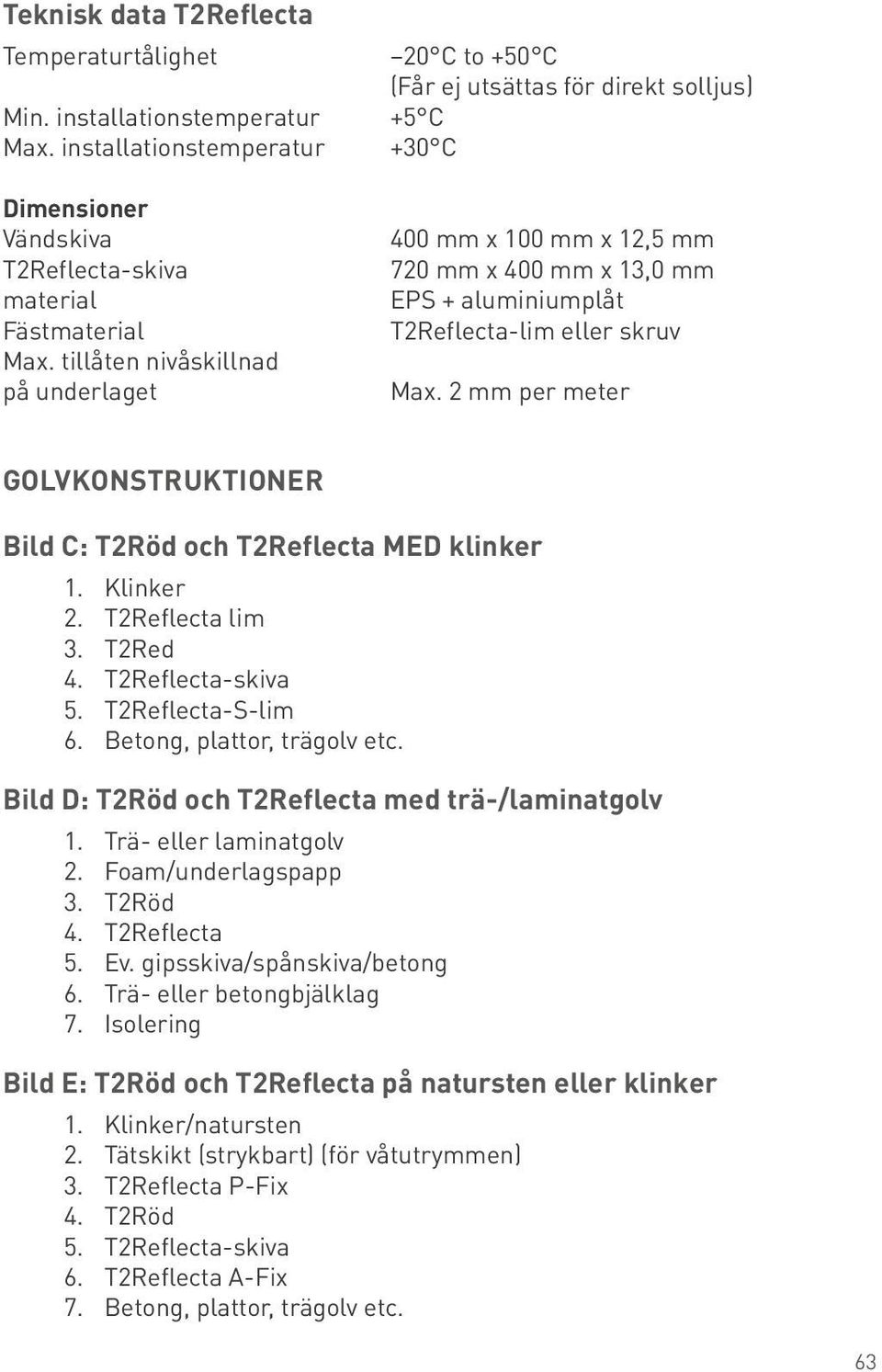 Max. 2 mm per meter GOLVKONSTRUKTIONER Bild C: T2Röd och T2Reflecta MED klinker 1. Klinker 2. T2Reflecta lim 3. T2Red 4. T2Reflecta-skiva 5. T2Reflecta-S-lim 6. Betong, plattor, trägolv etc.