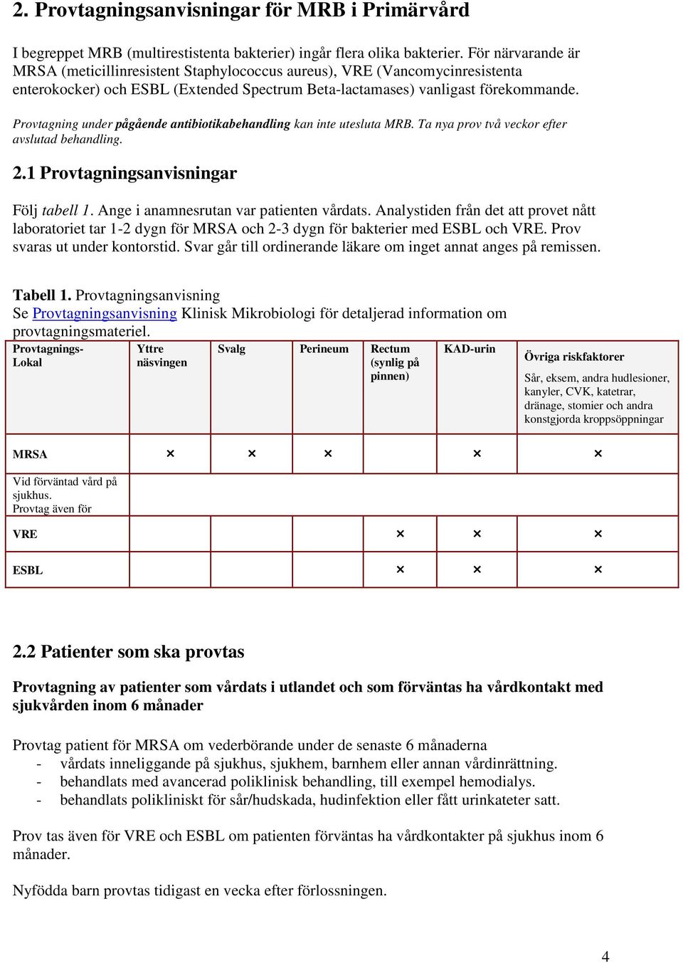 Provtagning under pågående antibiotikabehandling kan inte utesluta MRB. Ta nya prov två veckor efter avslutad behandling. 2.1 Provtagningsanvisningar Följ tabell 1.