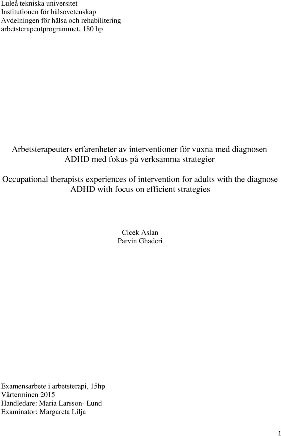 Occupational therapists experiences of intervention for adults with the diagnose ADHD with focus on efficient strategies Cicek