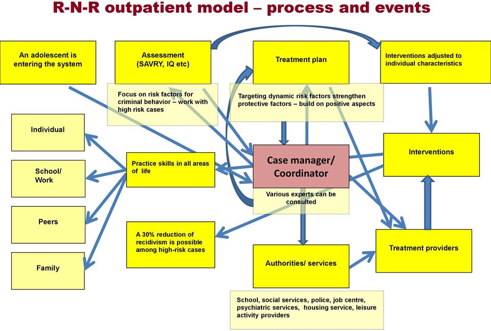 School/ Work Practice skills in all areas of life Case manager/ Coordinator Interventions Various experts can be consulted Peers A 30% reduction of recidivism is possible