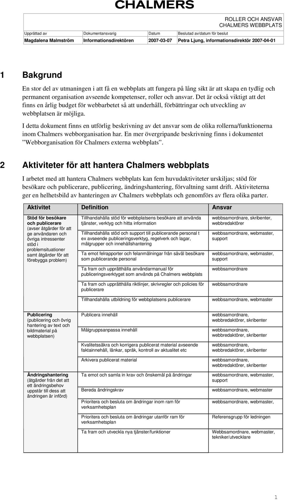 I detta dokument finns en utförlig beskrivning av det ansvar som de olika rollerna/funktionerna inom Chalmers webborganisation har.