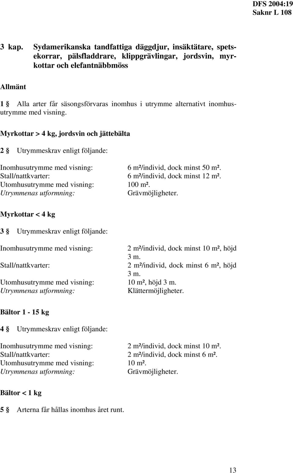 alternativt inomhusutrymme med visning. Myrkottar > 4 kg, jordsvin och jättebälta 2 Utrymmeskrav enligt följande: Utrymmenas utformning: 6 m²/individ, dock minst 50 m². 6 m²/individ, dock minst 12 m².