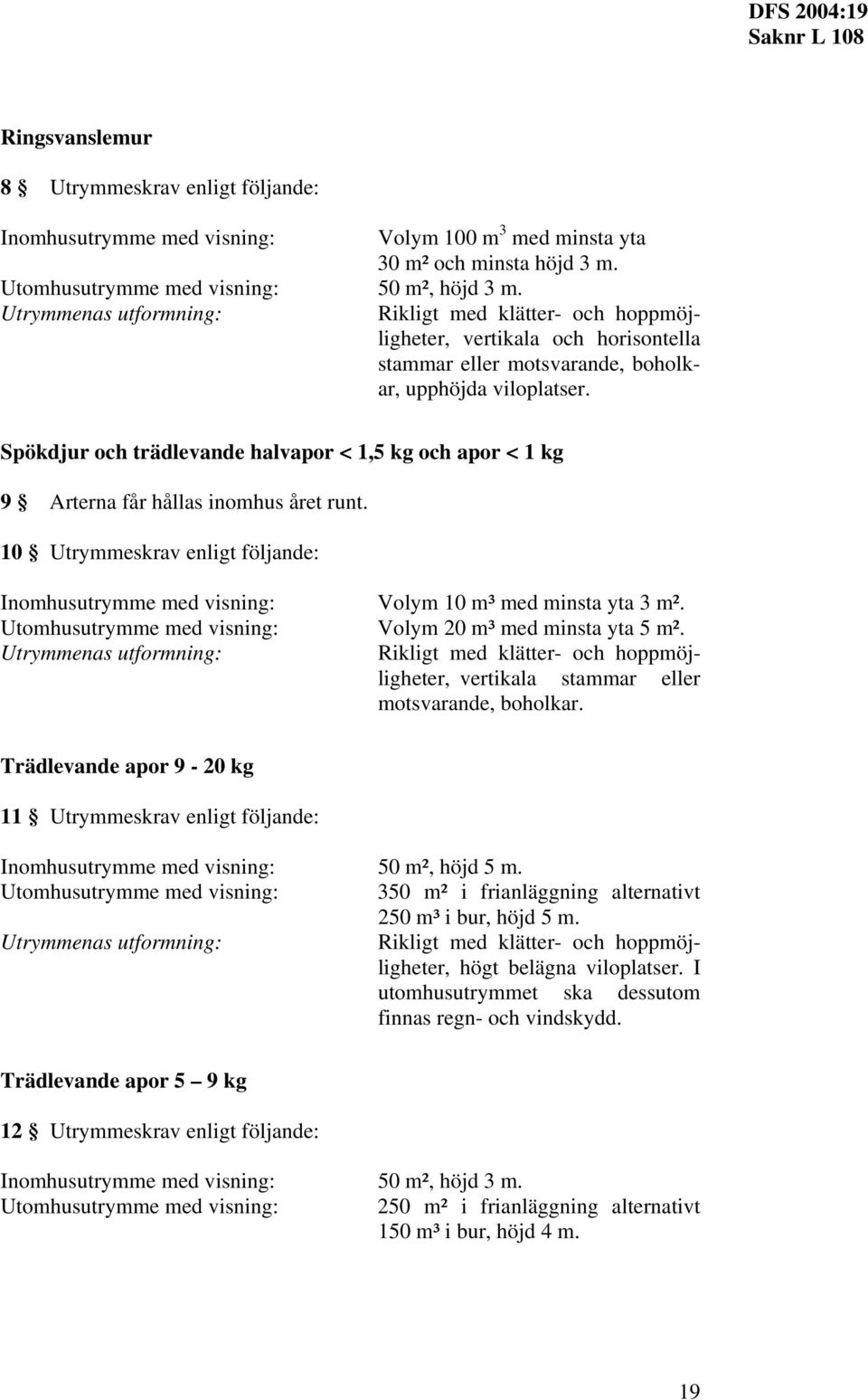 Spökdjur och trädlevande halvapor < 1,5 kg och apor < 1 kg 9 Arterna får hållas inomhus året runt. 10 Utrymmeskrav enligt följande: Utrymmenas utformning: Volym 10 m³ med minsta yta 3 m².