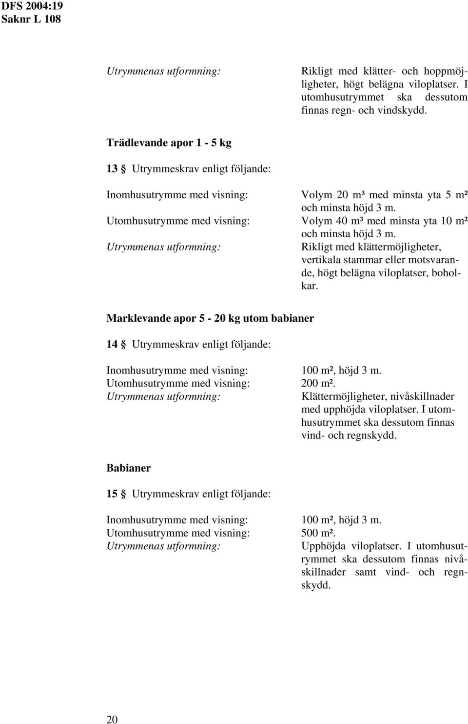 Utrymmenas utformning: Rikligt med klättermöjligheter, vertikala stammar eller motsvarande, högt belägna viloplatser, boholkar.