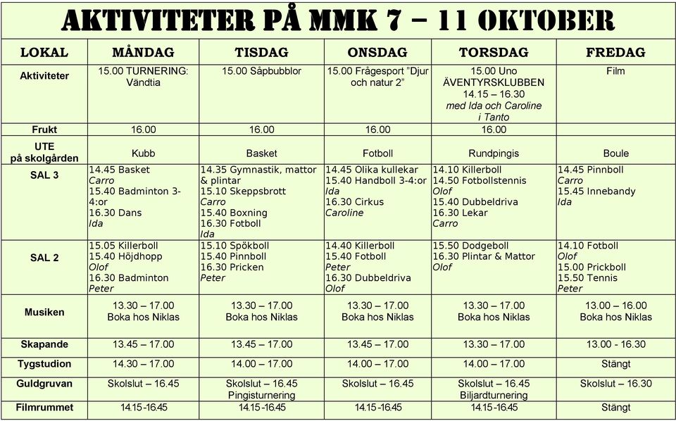 40 Höjdhopp 16.30 Badminton 14.35 Gymnastik, mattor & plintar 15.10 Skeppsbrott 15.40 Boxning 16.30 Fotboll 15.10 Spökboll 15.40 Pinnboll 16.30 Pricken 14.45 Olika kullekar 15.40 Handboll 3-4:or 16.