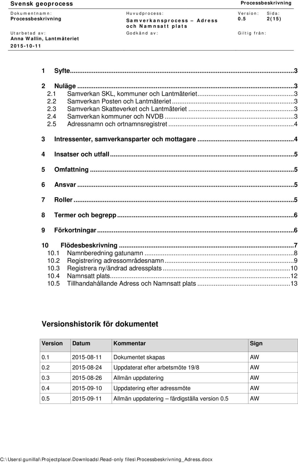 .. 6 9 Förkortningar... 6 10 Flödesbeskrivning... 7 10.1 Namnberedning gatunamn... 8 10.2 Registrering adressområdesnamn... 9 10.3 Registrera ny/ändrad adressplats... 10 10.4 Namnsatt plats.