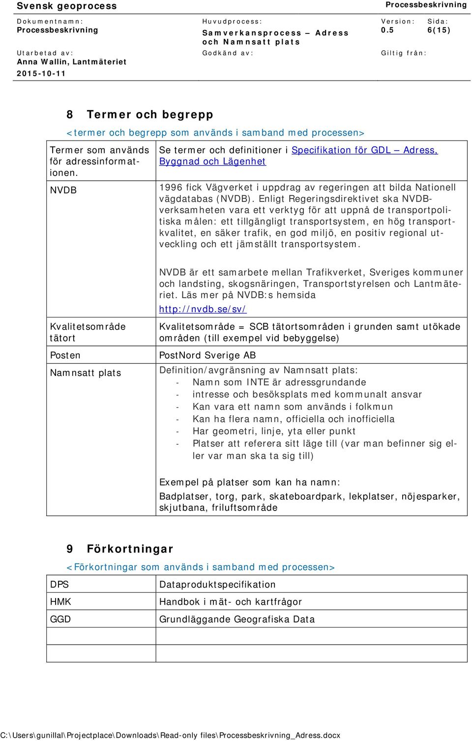 Enligt Regeringsdirektivet ska NVDBverksamheten vara ett verktyg för att uppnå de transportpolitiska målen: ett tillgängligt transportsystem, en hög transportkvalitet, en säker trafik, en god miljö,