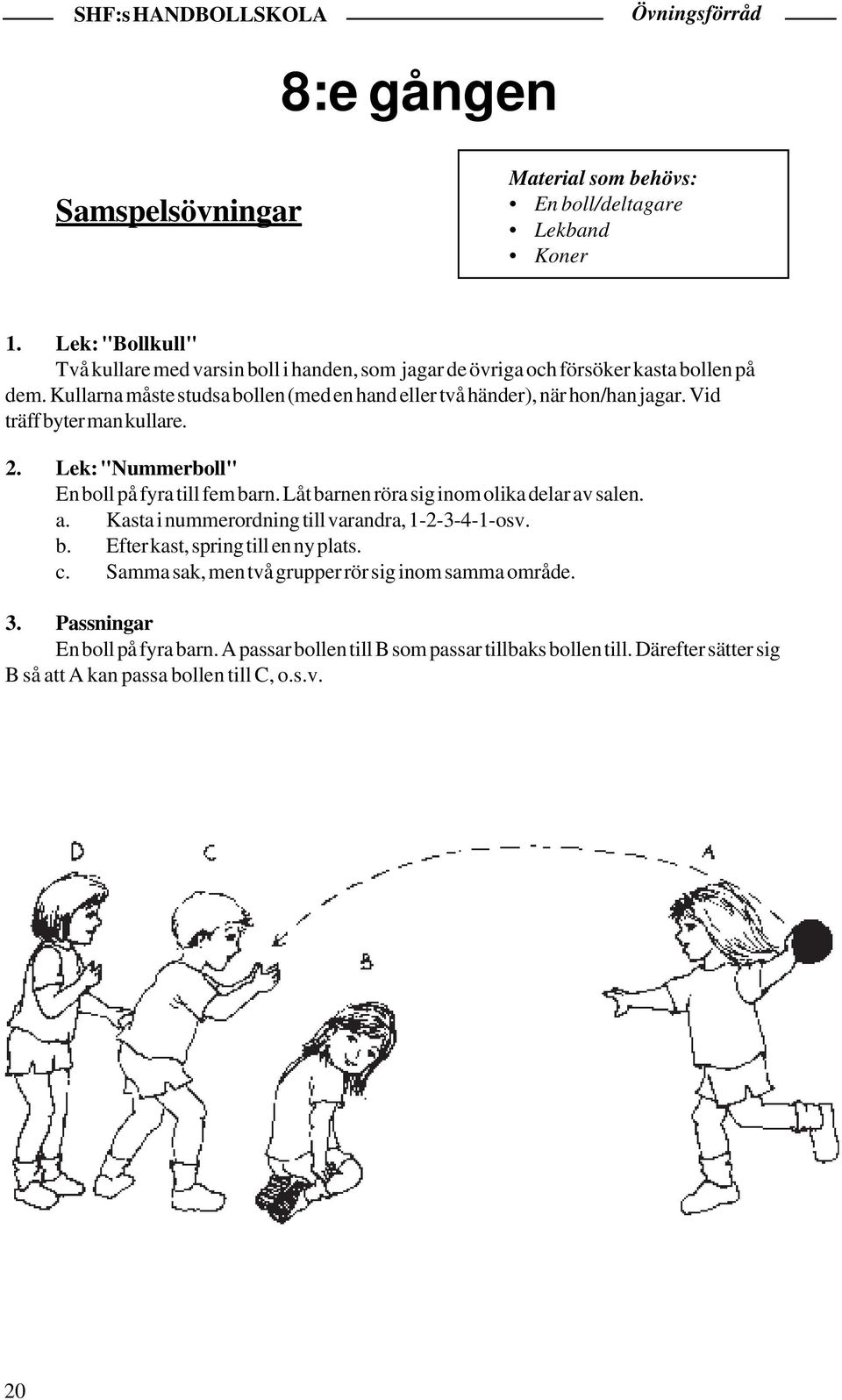 Kullarna måste studsa bollen (med en hand eller två händer), när hon/han jagar. Vid träff byter man kullare. 2. Lek: "Nummerboll" En boll på fyra till fem barn.