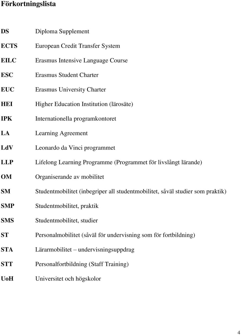 Programme (Programmet för livslångt lärande) Organiserande av mobilitet Studentmobilitet (inbegriper all studentmobilitet, såväl studier som praktik) Studentmobilitet, praktik