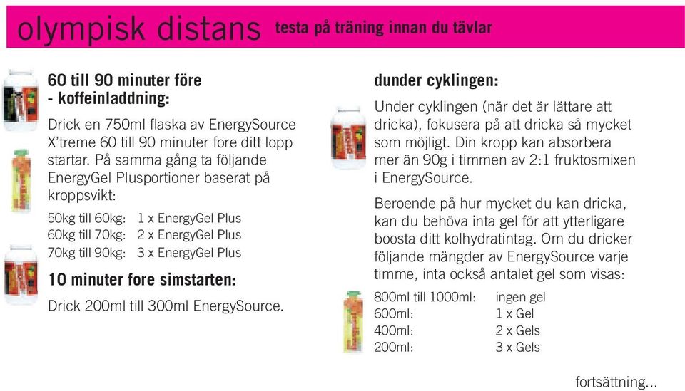 simstarten: Drick 200ml till 300ml EnergySource. dunder cyklingen: Under cyklingen (när det är lättare att dricka), fokusera på att dricka så mycket som möjligt.