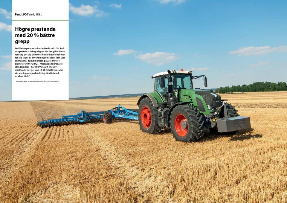 Tack vare en maximal däckdimension på 2.15 meter i diameter (710/75 R42) - marknadens bredaste standarddäck - har 900 Vario ett effektivt marktryck.