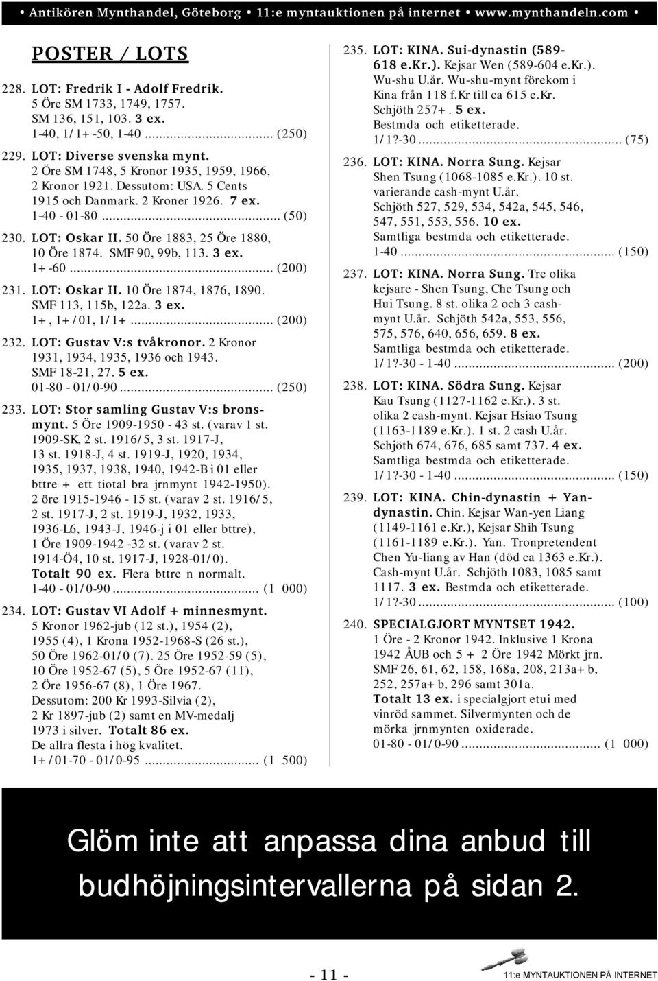 SMF 90, 99b, 113. 3 ex. 231. LOT: Oskar II. 10 Öre 1874, 1876, 1890. SMF 113, 115b, 122a. 3 ex. 1+, 1+/01, 1/1+... (200) 232. LOT: Gustav V:s tvåkronor. 2 Kronor 1931, 1934, 1935, 1936 och 1943.