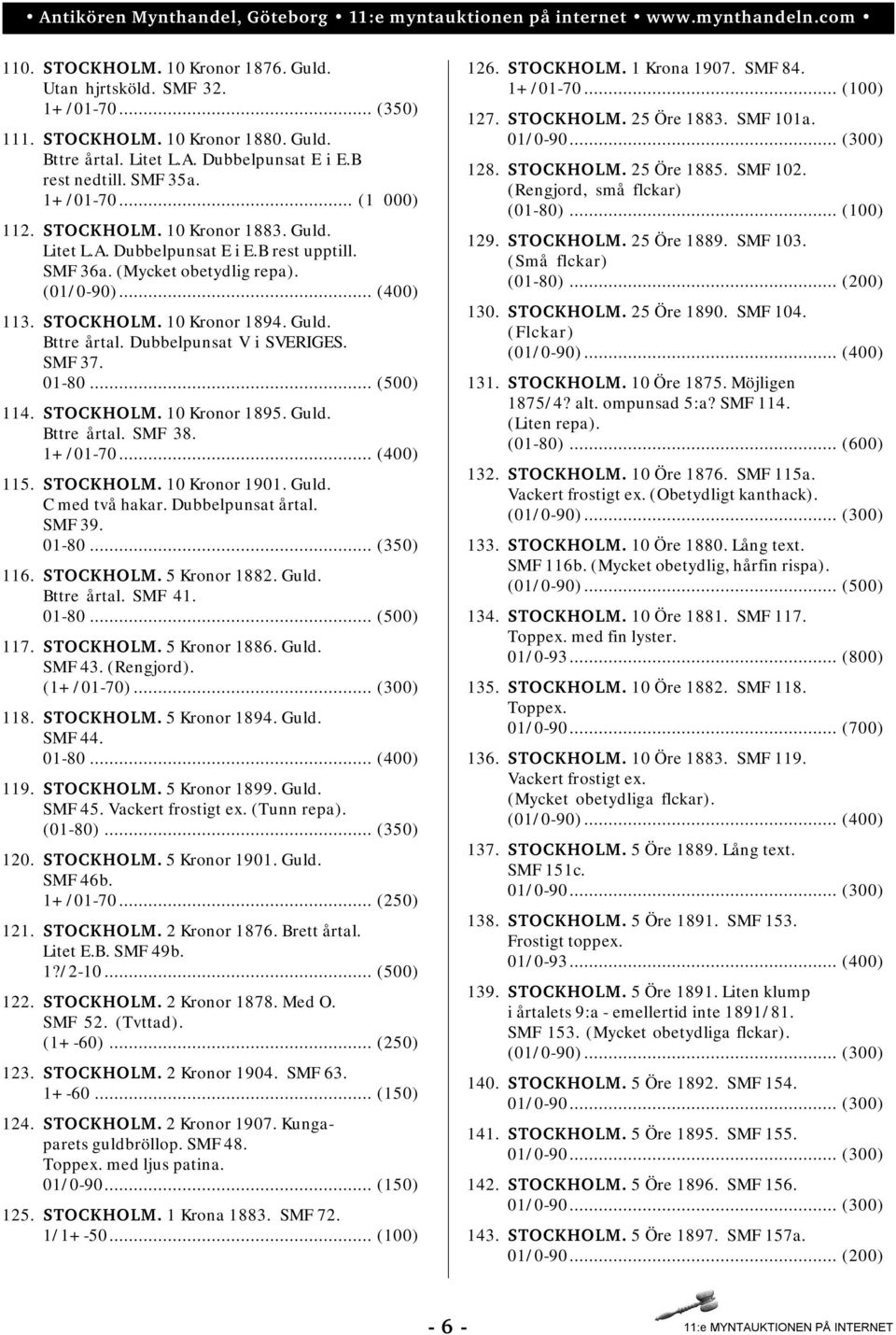 Dubbelpunsat V i SVERIGES. SMF 37. 01-80... (500) 114. STOCKHOLM. 10 Kronor 1895. Guld. Bttre årtal. SMF 38. 1+/01-70... (400) 115. STOCKHOLM. 10 Kronor 1901. Guld. C med två hakar.