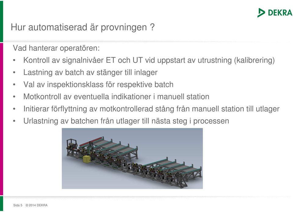 Lastning av batch av stänger till inlager Val av inspektionsklass för respektive batch Motkontroll av