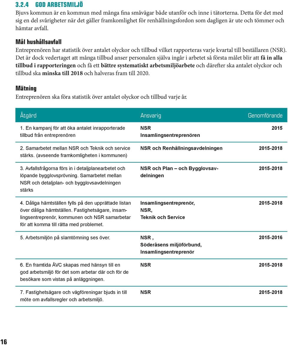 Mål hushållsavfall Entreprenören har statistik över antalet olyckor och tillbud vilket rapporteras varje kvartal till beställaren (NSR).