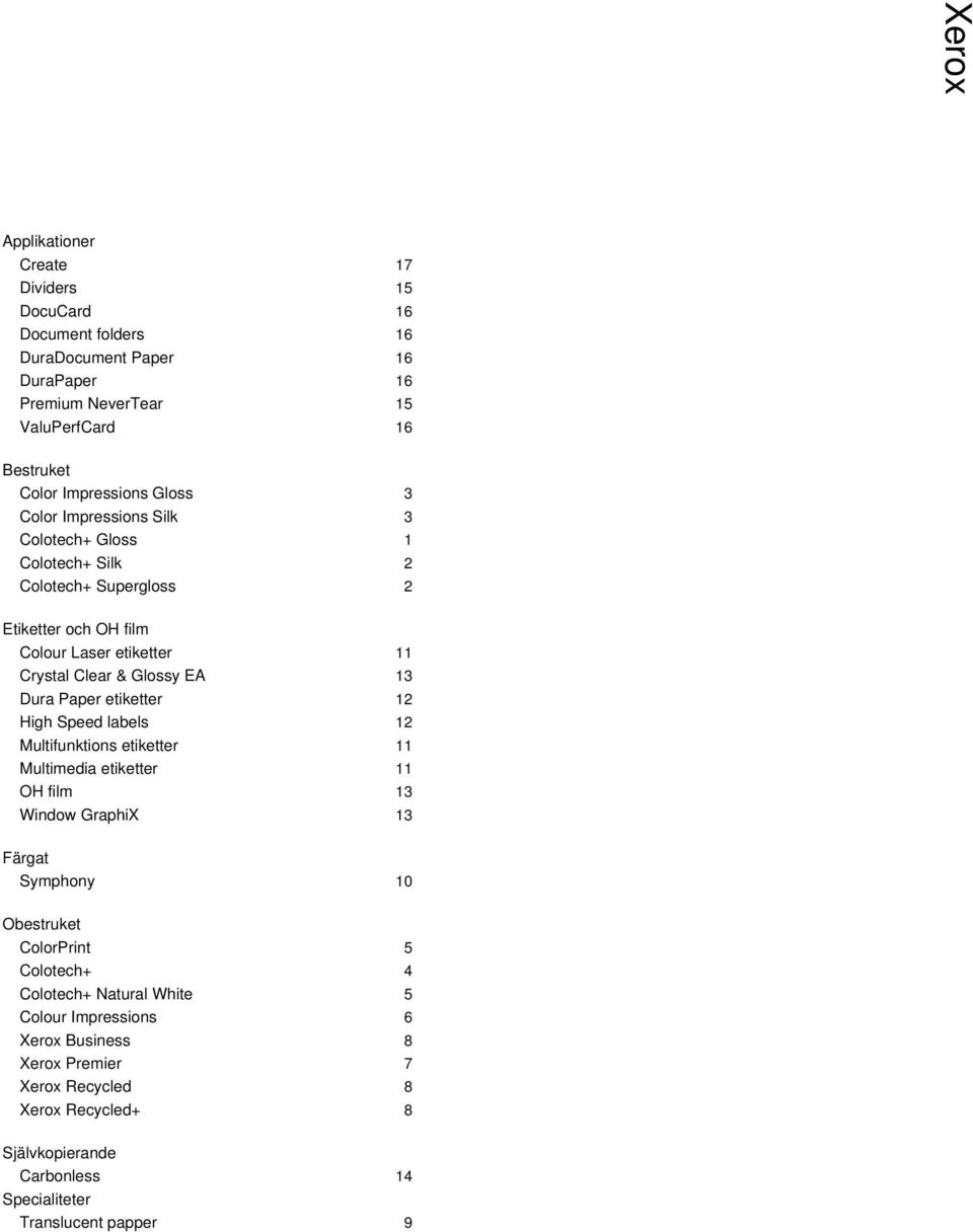 etiketter 12 High Speed labels 12 Multifunktions etiketter 11 Multimedia etiketter 11 OH film 13 Window GraphiX 13 F Färgat Symphony 10 O Obestruket ColorPrint 5 Colotech+ 4