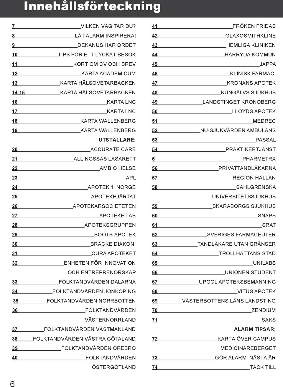 KARTA WALLENBERG UTSTÄLLARE: 20 ACCURATE CARE 21 ALLINGSSÅS LASARETT 22 AMBIO HELSE 23 APL 24 APOTEK 1 NORGE 25 APOTEKHJÄRTAT 26 APOTEKARSOCIETETEN 27 APOTEKET AB 28 APOTEKSGRUPPEN 29 BOOTS APOTEK 30