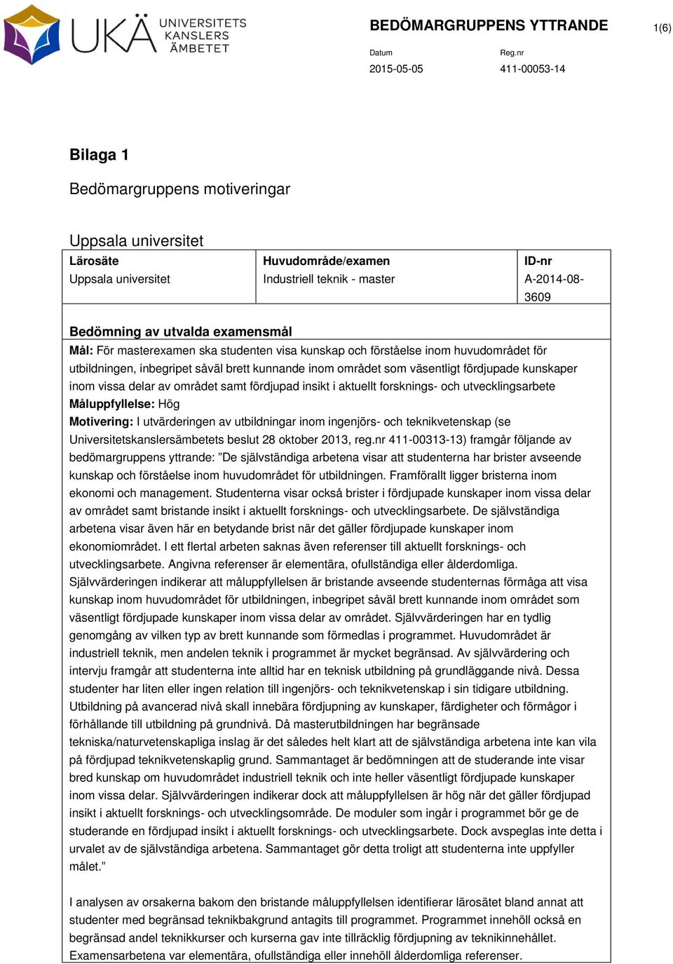 inom vissa delar av området samt fördjupad insikt i aktuellt forsknings- och utvecklingsarbete Måluppfyllelse: Hög Motivering: I utvärderingen av utbildningar inom ingenjörs- och teknikvetenskap (se