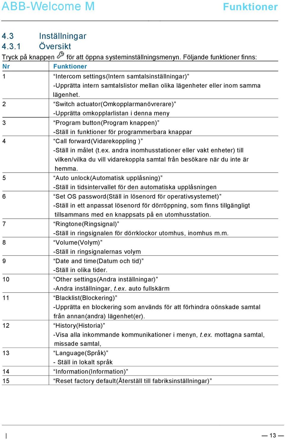 2 Switch actuator(omkopplarmanövrerare) -Upprätta omkopplarlistan i denna meny 3 Program button(program knappen) -Ställ in funktioner för programmerbara knappar 4 Call forward(vidarekoppling ) -Ställ