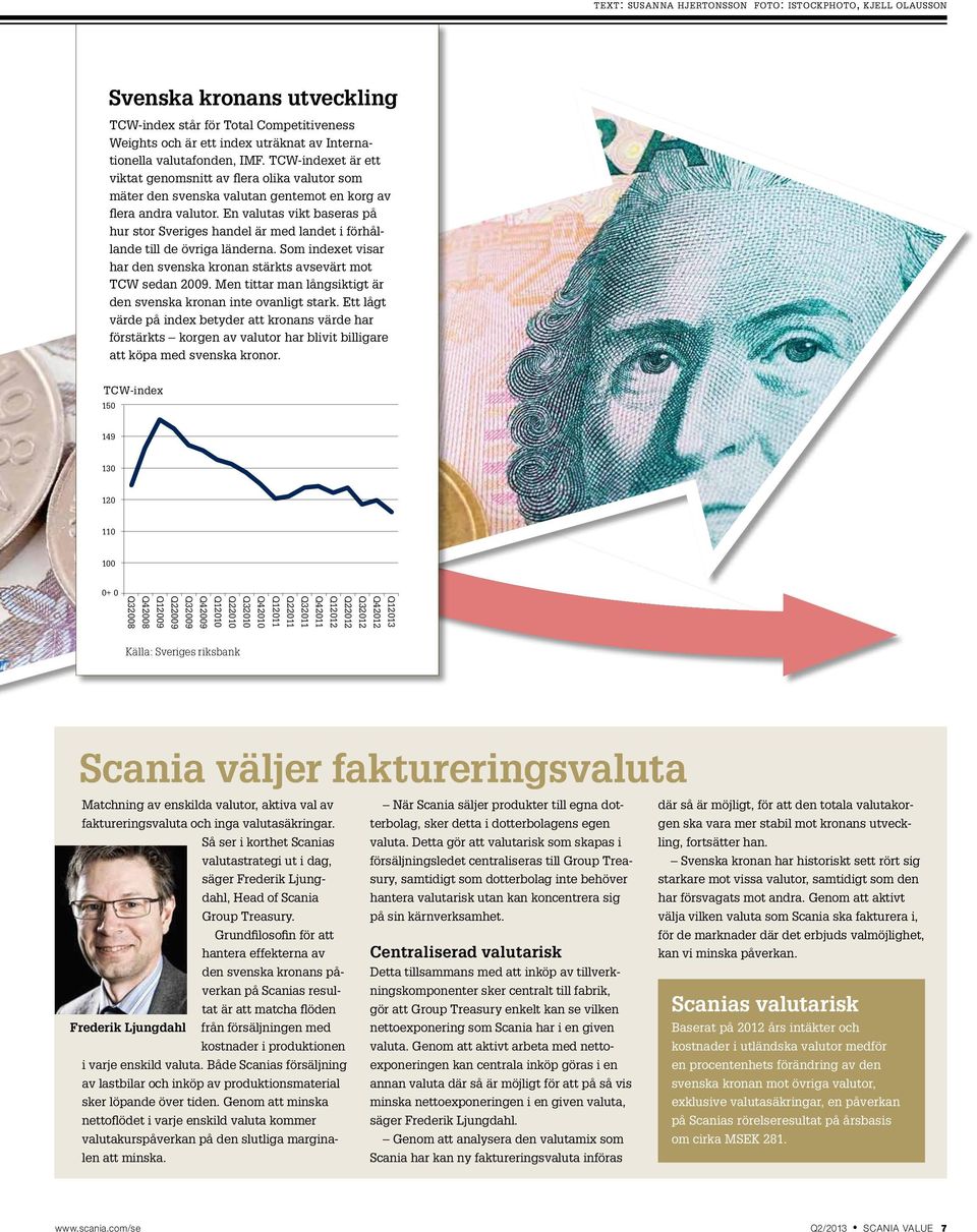 En valutas vikt baseras på hur stor Sveriges handel är med landet i förhållande till de övriga länderna. Som indexet visar har den svenska kronan stärkts avsevärt mot TCW sedan 2009.