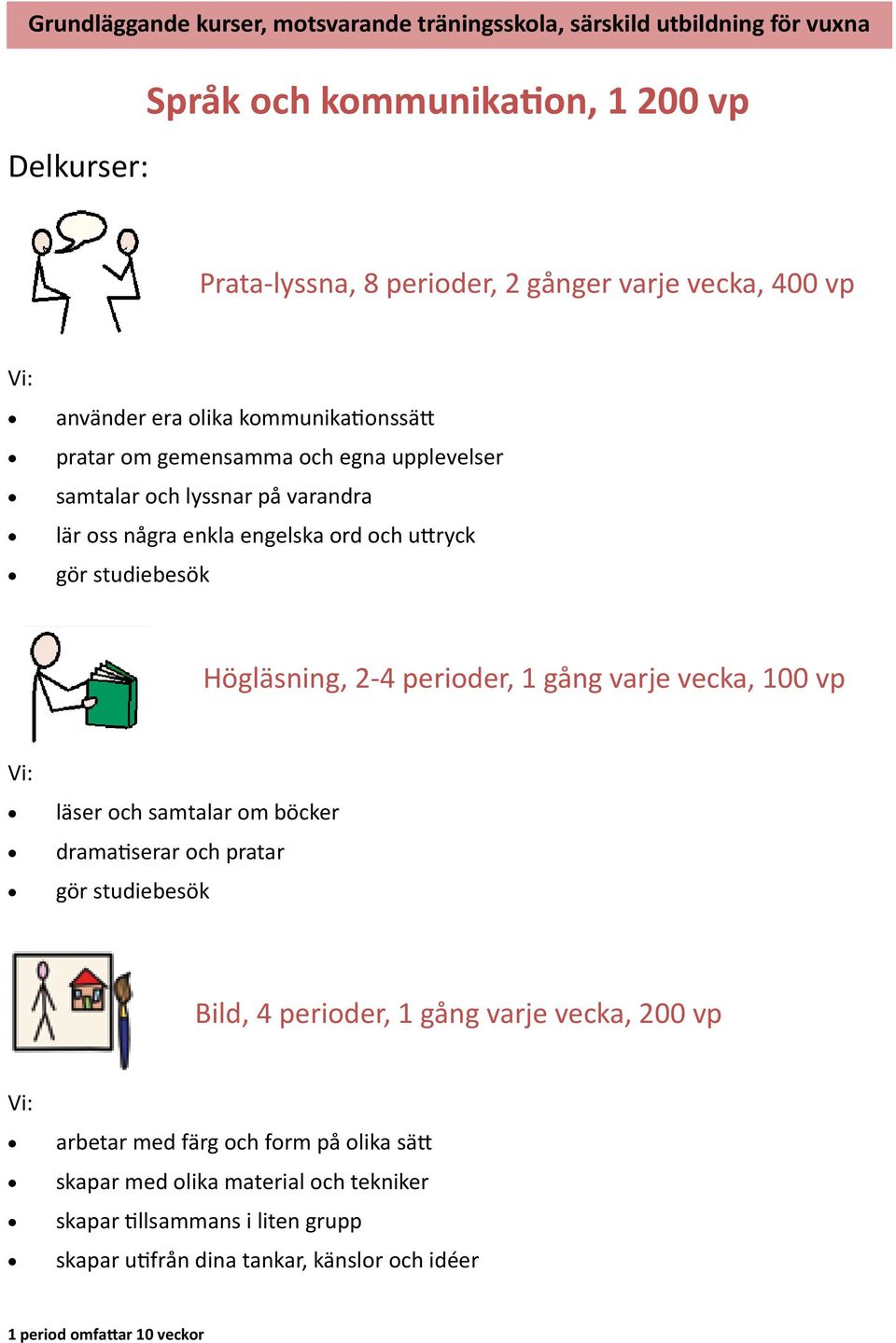 studiebesök Högläsning, 2-4 perioder, 1 gång varje vecka, 100 vp Vi: läser och samtalar om böcker dramatiserar och pratar gör studiebesök Bild, 4 perioder, 1 gång varje