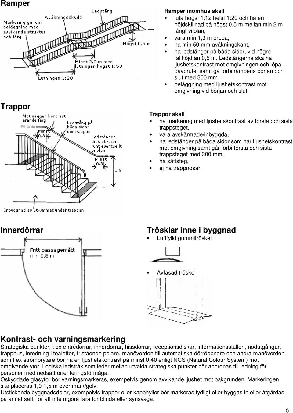 Ledstängerna ska ha ljushetskontrast mot omgivningen och löpa oavbrutet samt gå förbi rampens början och slut med 300 mm, beläggning med ljushetskontrast mot omgivning vid början och slut.