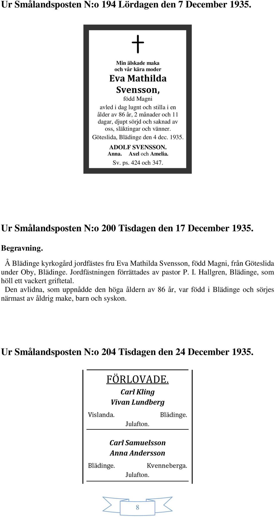 Göteslida, Blädinge den 4 dec. 1935. ADOLF SVENSSON. Anna. Axel och Amelia. Sv. ps. 424 och 347. Ur Smålandsposten N:o 200 Tisdagen den 17 December 1935. Begravning.