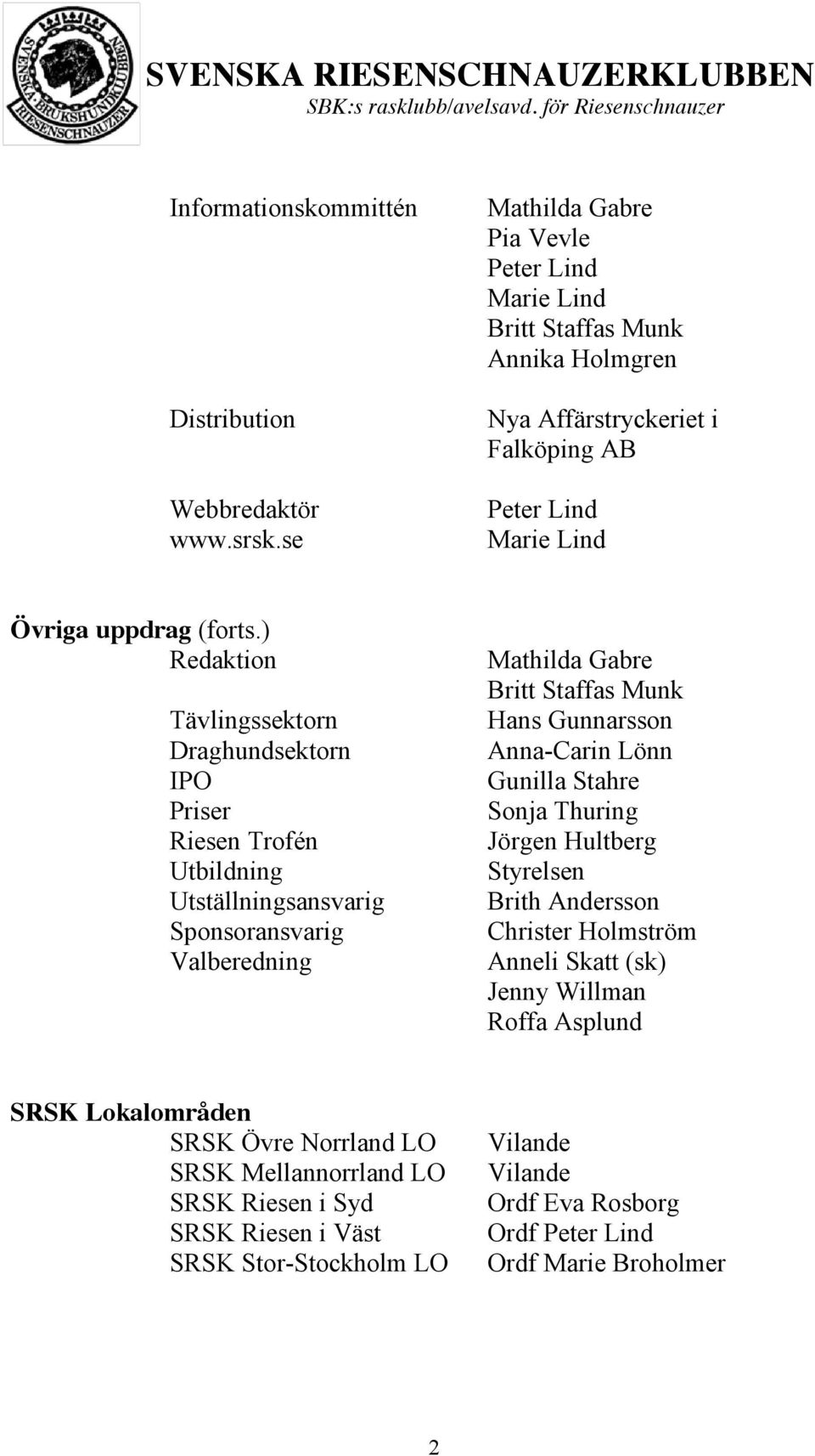 ) Redaktion Tävlingssektorn Draghundsektorn IPO Priser Riesen Trofén Utbildning Utställningsansvarig Sponsoransvarig Valberedning Mathilda Gabre Britt Staffas Munk Hans Gunnarsson