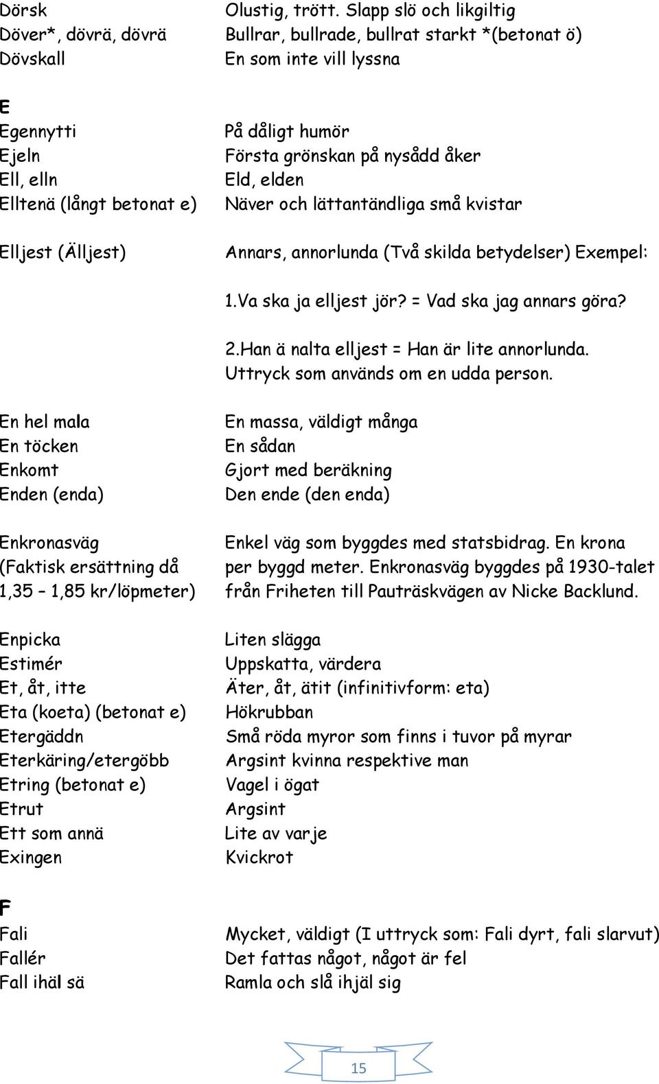 dåligt humör Första grönskan på nysådd åker Eld, elden Näver och lättantändliga små kvistar Annars, annorlunda (Två skilda betydelser) Exempel: 1.Va ska ja elljest jör? = Vad ska jag annars göra? 2.