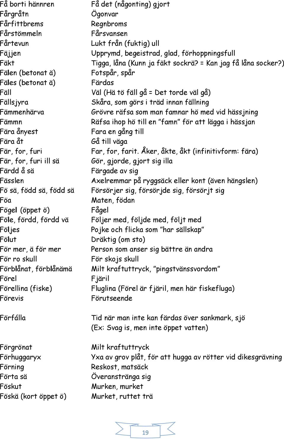 Förgrönat Förhuggaryx Förning Förta sä Föskut Föskä (kort öppet ö) Få det (någonting) gjort Ögonvar Regnbroms Fårsvansen Lukt från (fuktig) ull Upprymd, begeistrad, glad, förhoppningsfull Tigga, låna