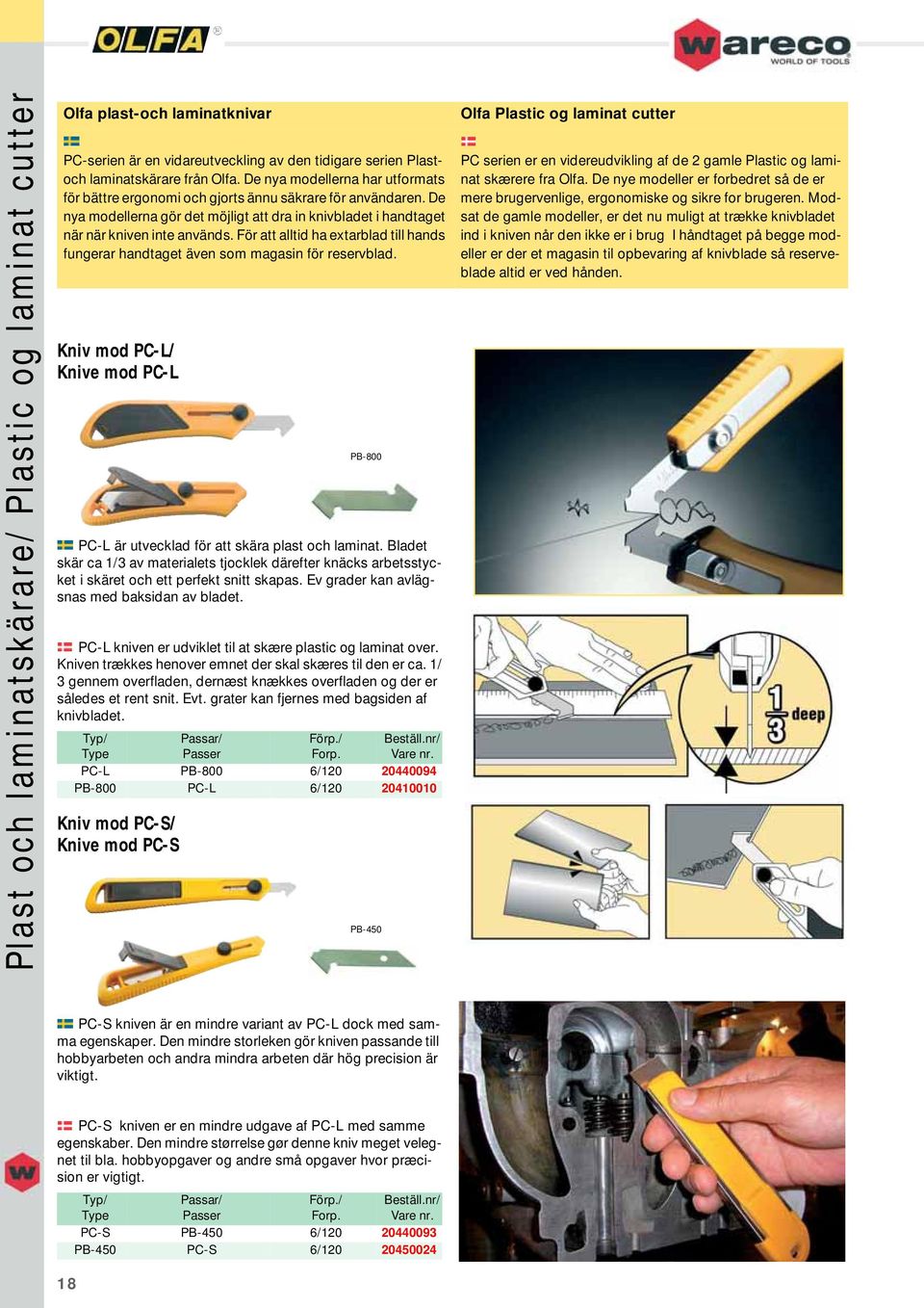 För att alltid ha extarblad till hands fungerar handtaget även som magasin för reservblad. Kniv mod PC-L/ Knive mod PC-L PC-L är utvecklad för att skära plast och laminat.