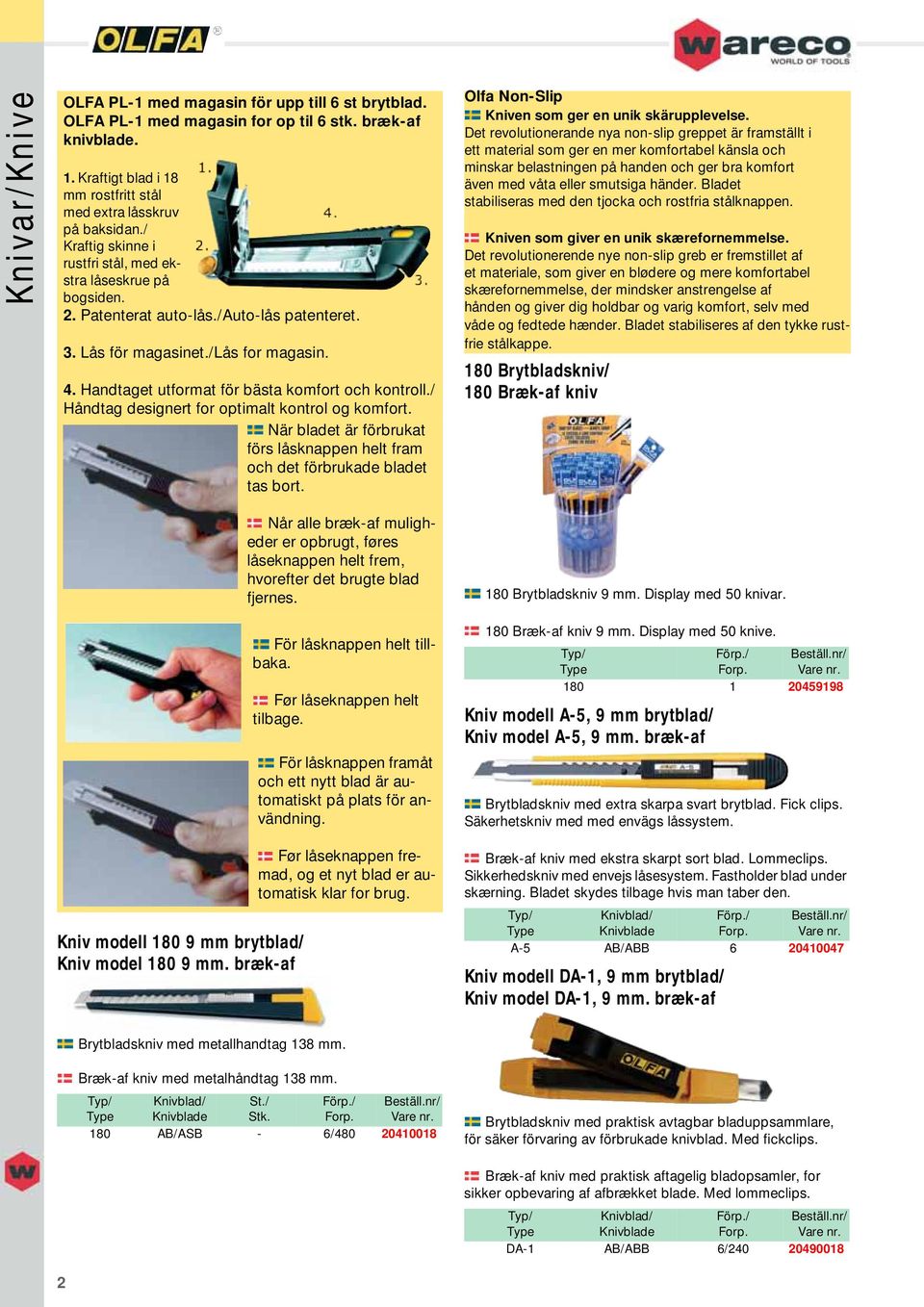 Handtaget utformat för bästa komfort och kontroll./ Håndtag designert for optimalt kontrol og komfort. När bladet är förbrukat förs låsknappen helt fram och det förbrukade bladet tas bort.