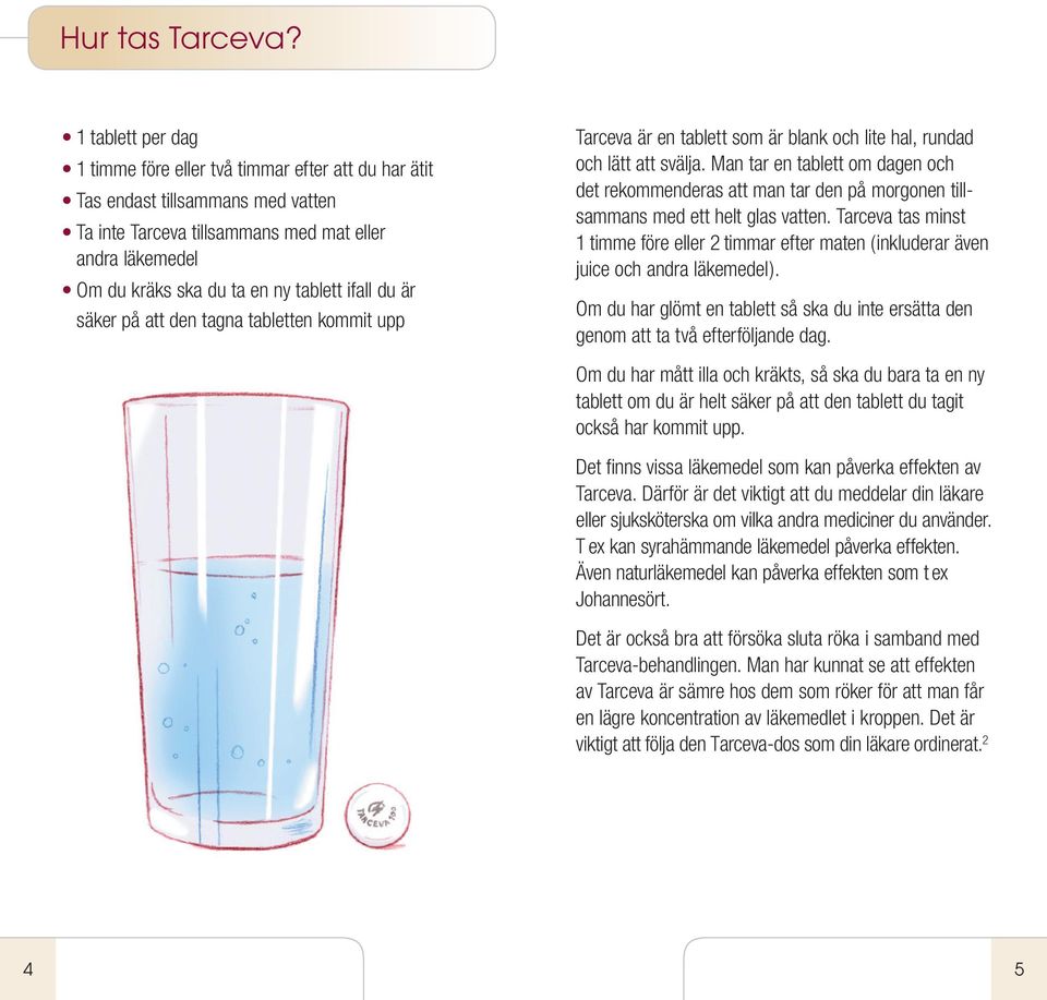 ifall du är säker på att den tagna tabletten kommit upp Tarceva är en tablett som är blank och lite hal, rundad och lätt att svälja.