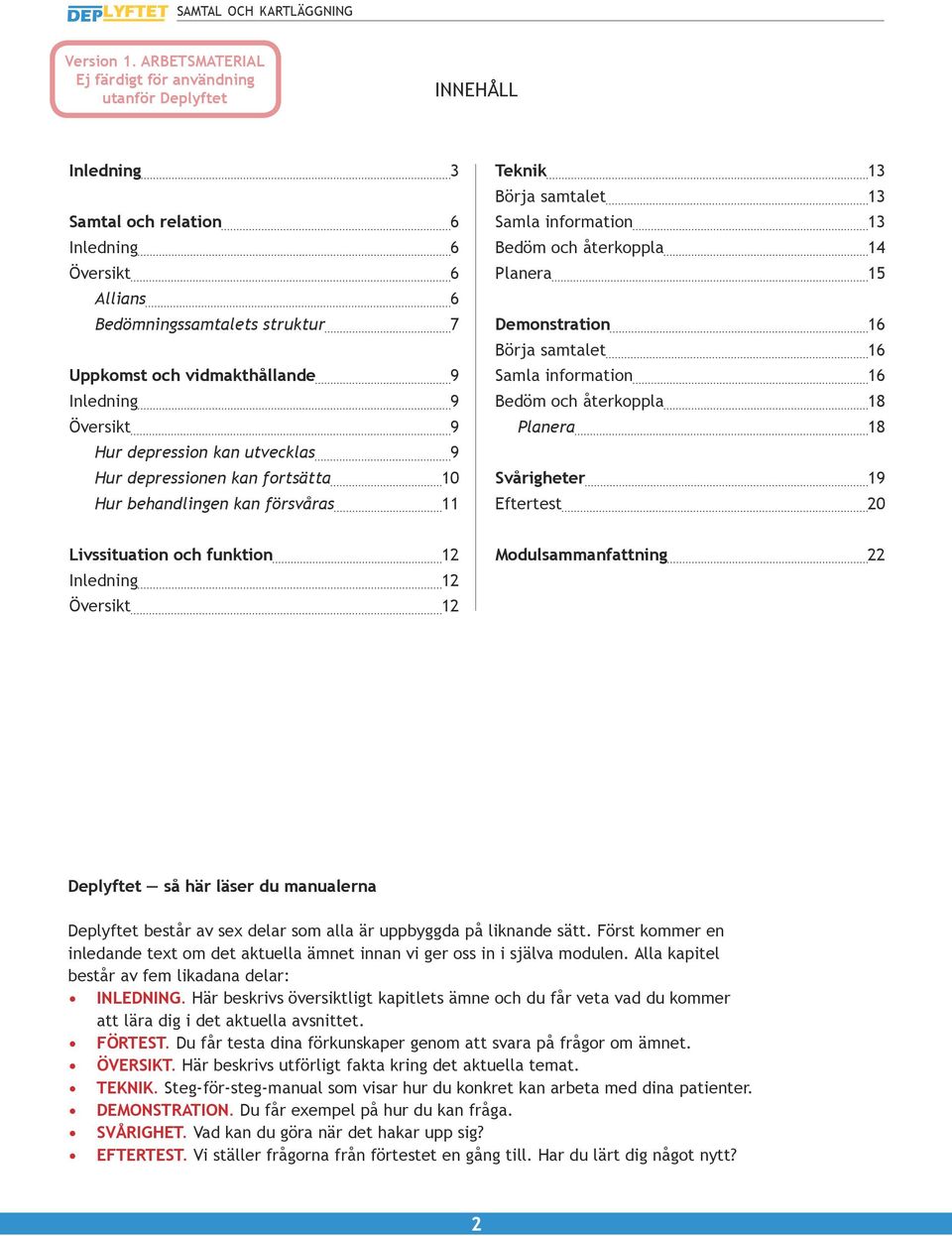 Börja samtalet 16 Samla information 16 Bedöm och återkoppla 18 Planera 18 Svårigheter 19 Eftertest 20 Livssituation och funktion 12 Inledning 12 Översikt 12 Modulsammanfattning 22 Deplyftet så här